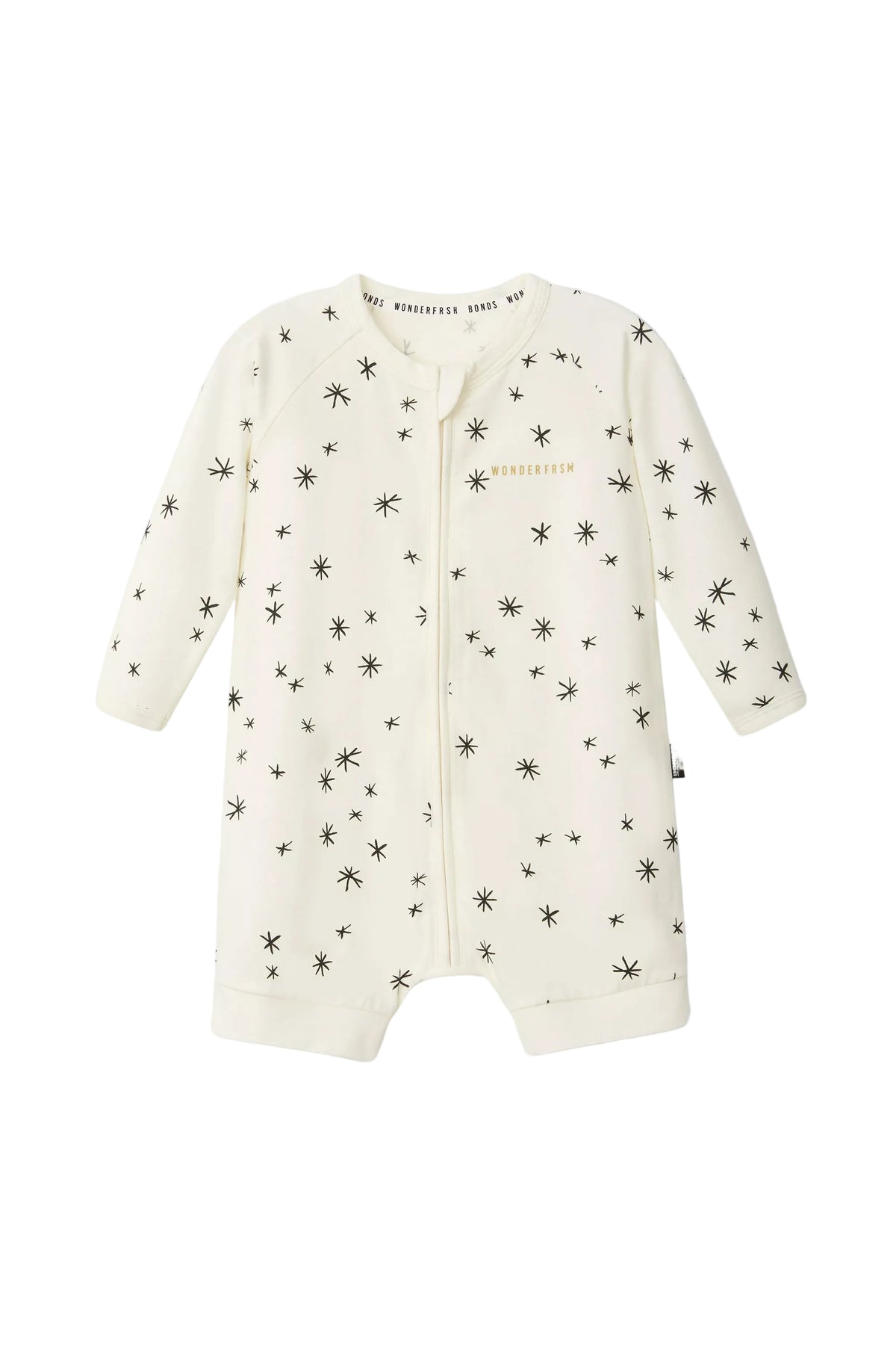 Bonds WonderFresh Short Leg Wondersuit baby onesie in Crayon Star cream print. Front view.
