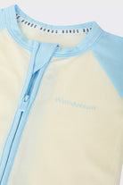 Bonds Everyday Value Zip Wondersuit baby sleepsuit in Levitating Airborne blue and cream. Close up two-way zip.