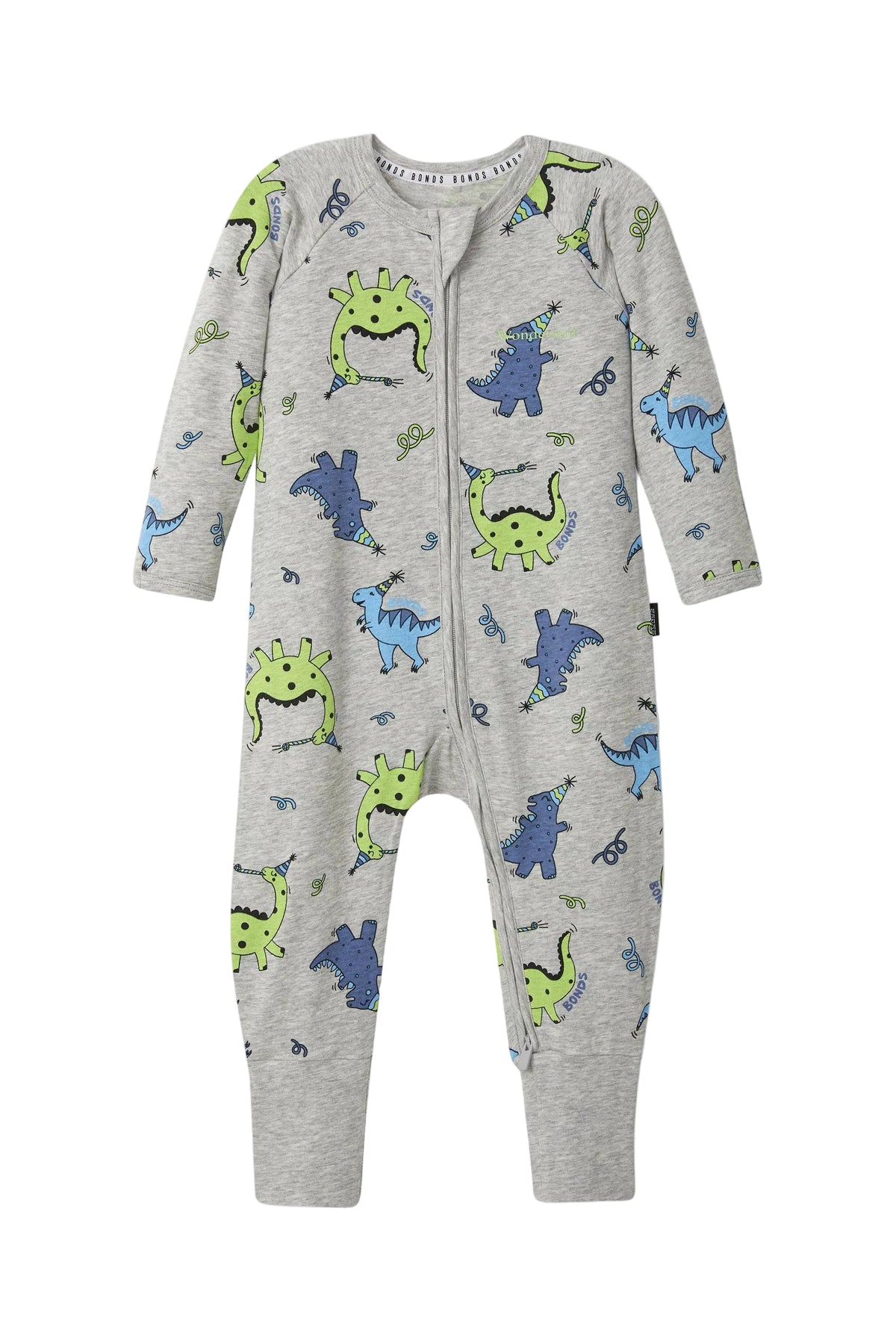 Bonds Zip Wondersuit baby sleepsuit in Dancing Dinos grey dinosaur print. Front view.