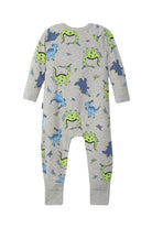 Bonds Zip Wondersuit baby sleepsuit in Dancing Dinos grey dinosaur print. Back view.