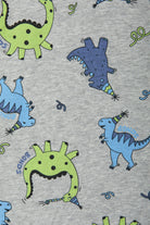 Bonds Zip Wondersuit baby sleepsuit in Dancing Dinos grey dinosaur print. Close up.