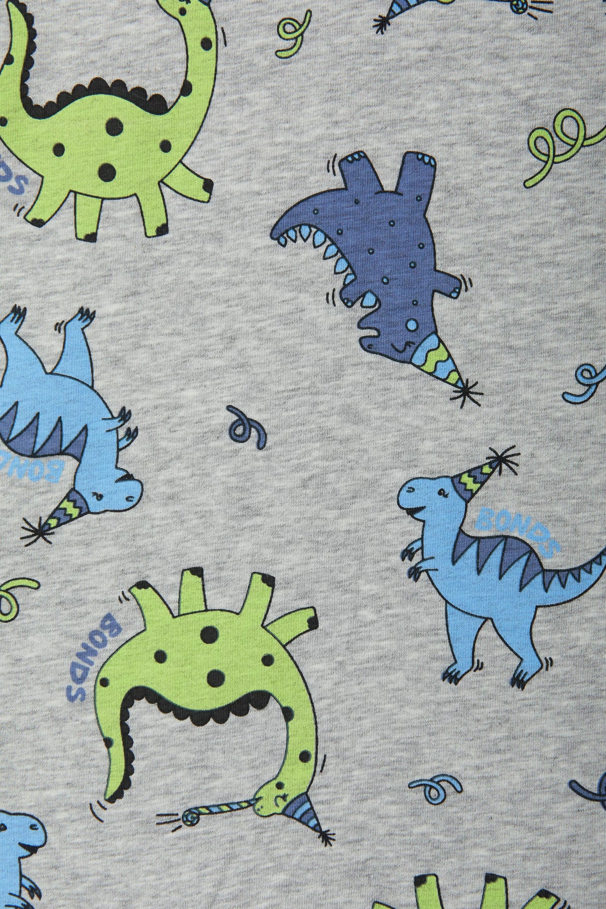 Bonds Zip Wondersuit baby sleepsuit in Dancing Dinos grey dinosaur print. Close up.