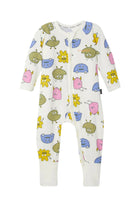 Bonds Zip Wondersuit baby sleepsuit in Boo Buddy white colourful monster print. Front view.