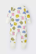 Bonds Zip Wondersuit baby sleepsuit in Boo Buddy white colourful monster print. Back view.