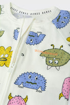 Bonds Zip Wondersuit baby sleepsuit in Boo Buddy white colourful monster print. Close up two-way zip.