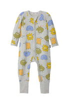 Bonds Zip Wondersuit baby sleepsuit in Boo Buddy Marle grey monster print. Front view.