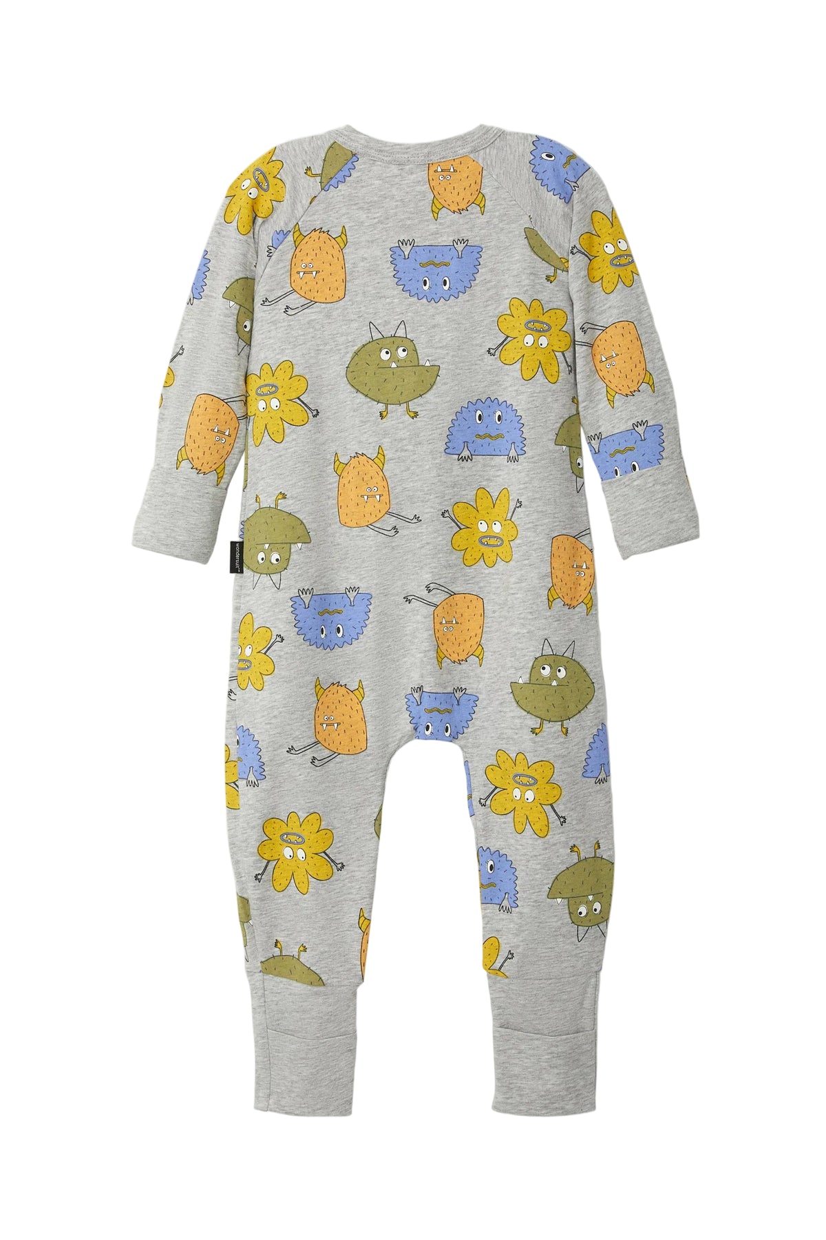 Bonds Zip Wondersuit baby sleepsuit in Boo Buddy Marle grey monster print. Back view.