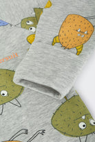 Bonds Zip Wondersuit baby sleepsuit in Boo Buddy Marle grey monster print. Close up hand cuff.