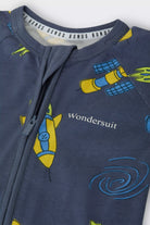 Bonds Zip Wondersuit baby sleepsuit in Out of This World navy outer space rocket print. Close up two-way zip.