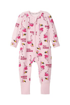 Bonds Zip Wondersuit baby sleepsuit in Frida Flamingo pink flamingo animal print. Front view.