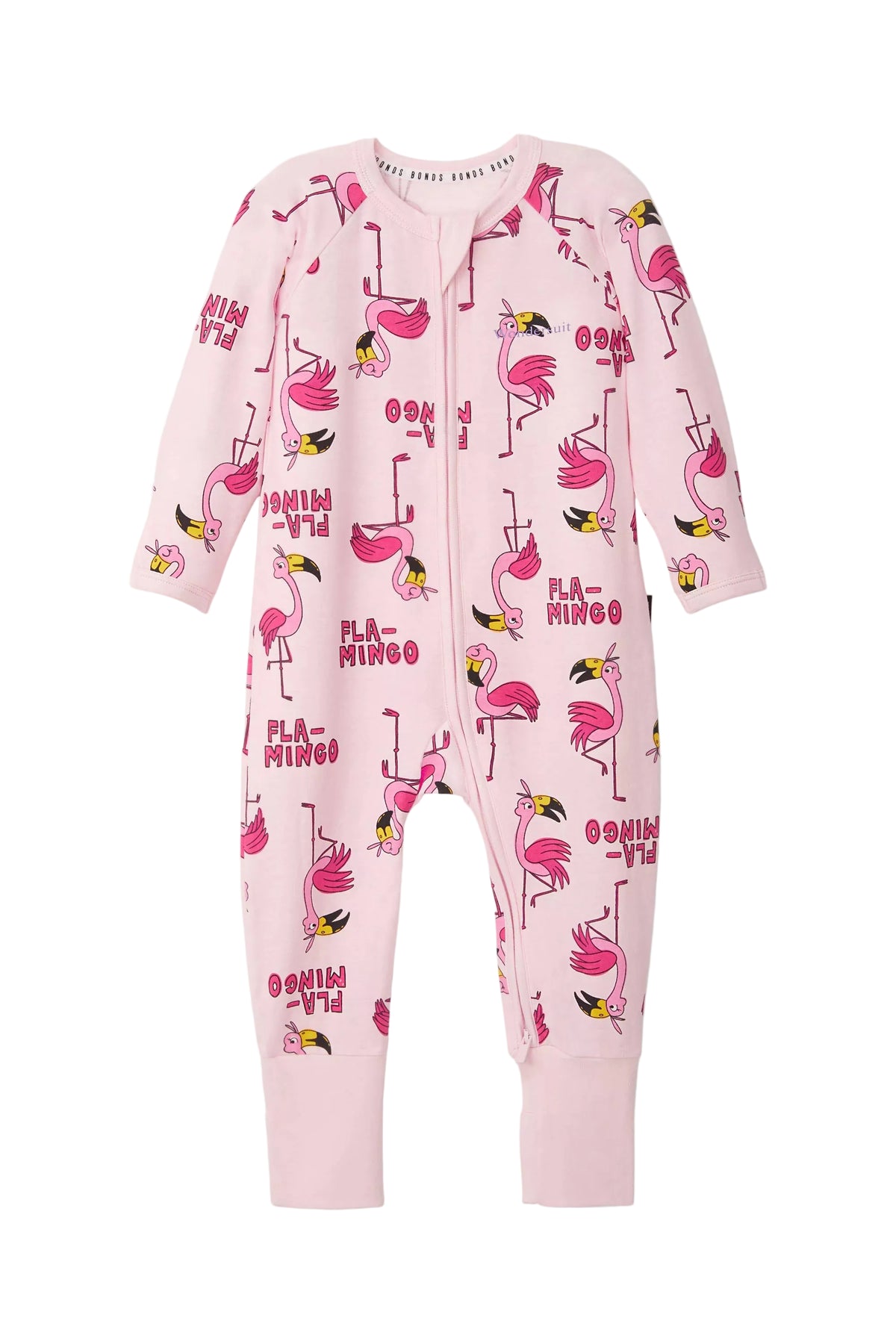 Bonds Zip Wondersuit baby sleepsuit in Frida Flamingo pink flamingo animal print. Front view.