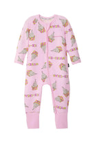 Bonds Zip Wondersuit baby sleepsuit in Sundae Swirls pink ice-cream print. Front view.