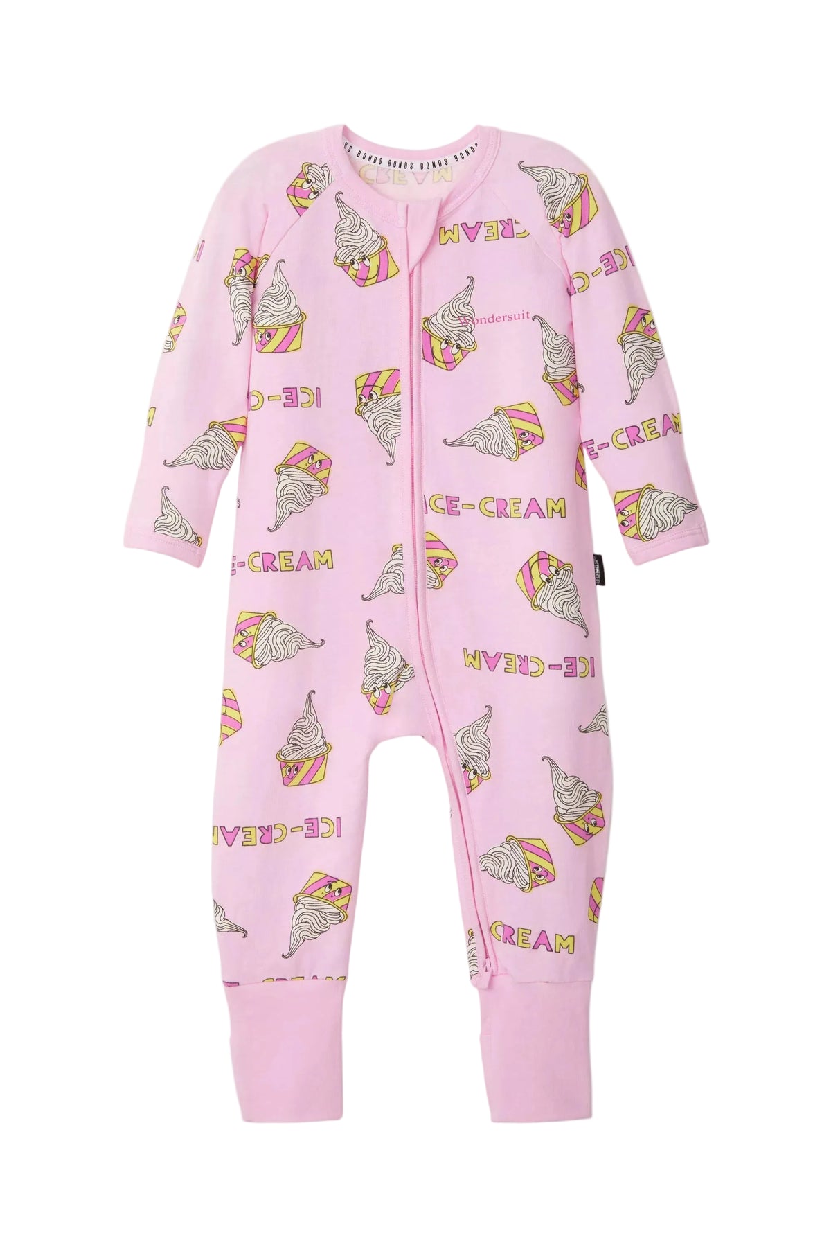 Bonds Zip Wondersuit baby sleepsuit in Sundae Swirls pink ice-cream print. Front view.