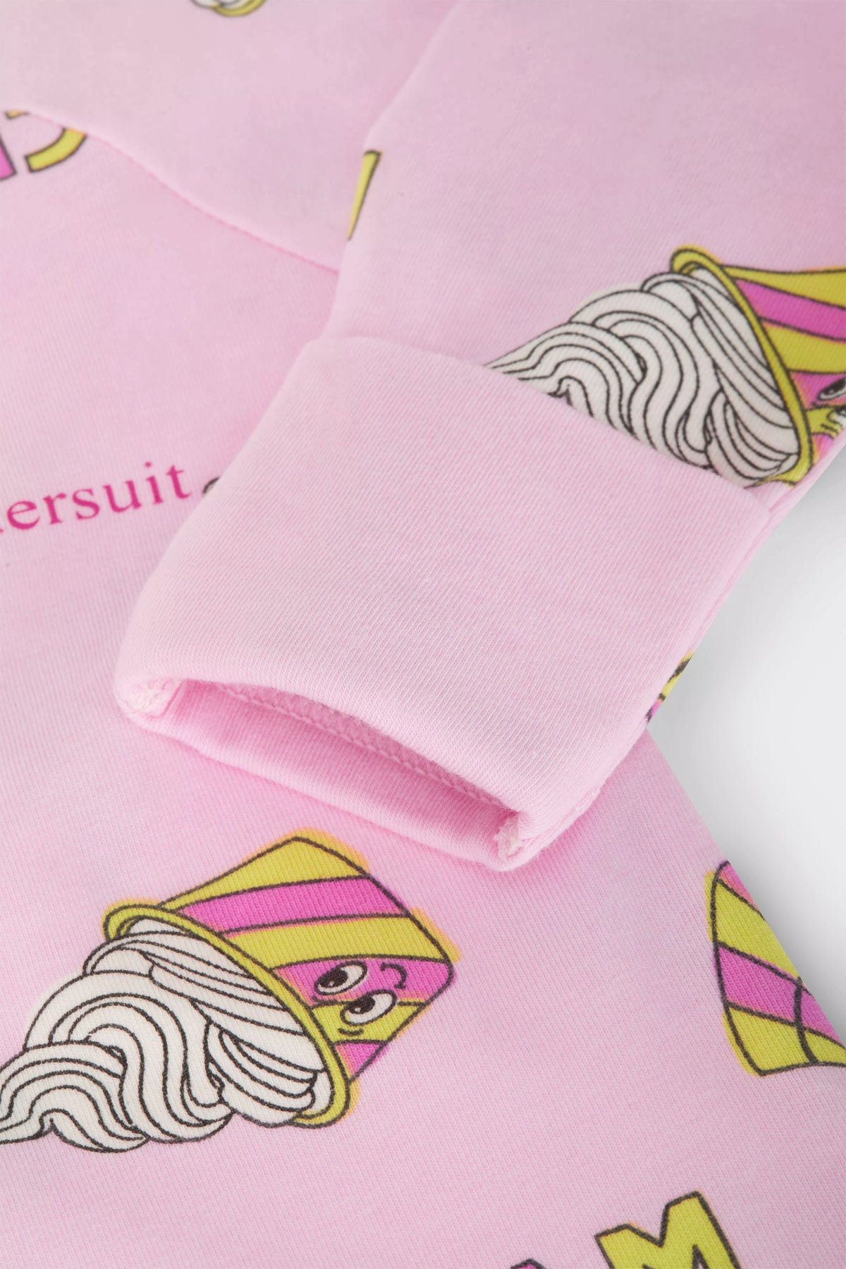 Bonds Zip Wondersuit baby sleepsuit in Sundae Swirls pink ice-cream print. Close up hand cuff.