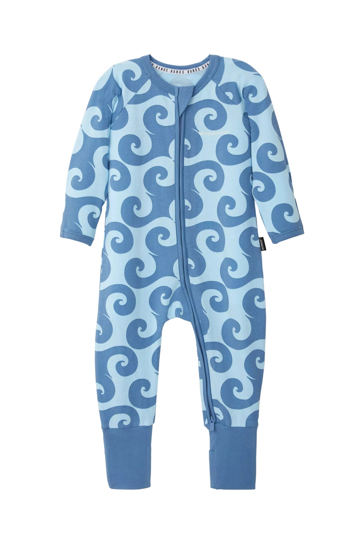 Bonds Zip Wondersuit baby sleepsuit in Wave Wonders blue wave swirl print. Front view.