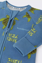 Bonds Zip Wondersuit baby sleepsuit in Shell Yeah blue turtle print. Close up two-way zip and hand cuff.