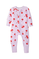 Bonds Zip Wondersuit baby sleepsuit in Cherry Picnic purple fruity print. Front view.