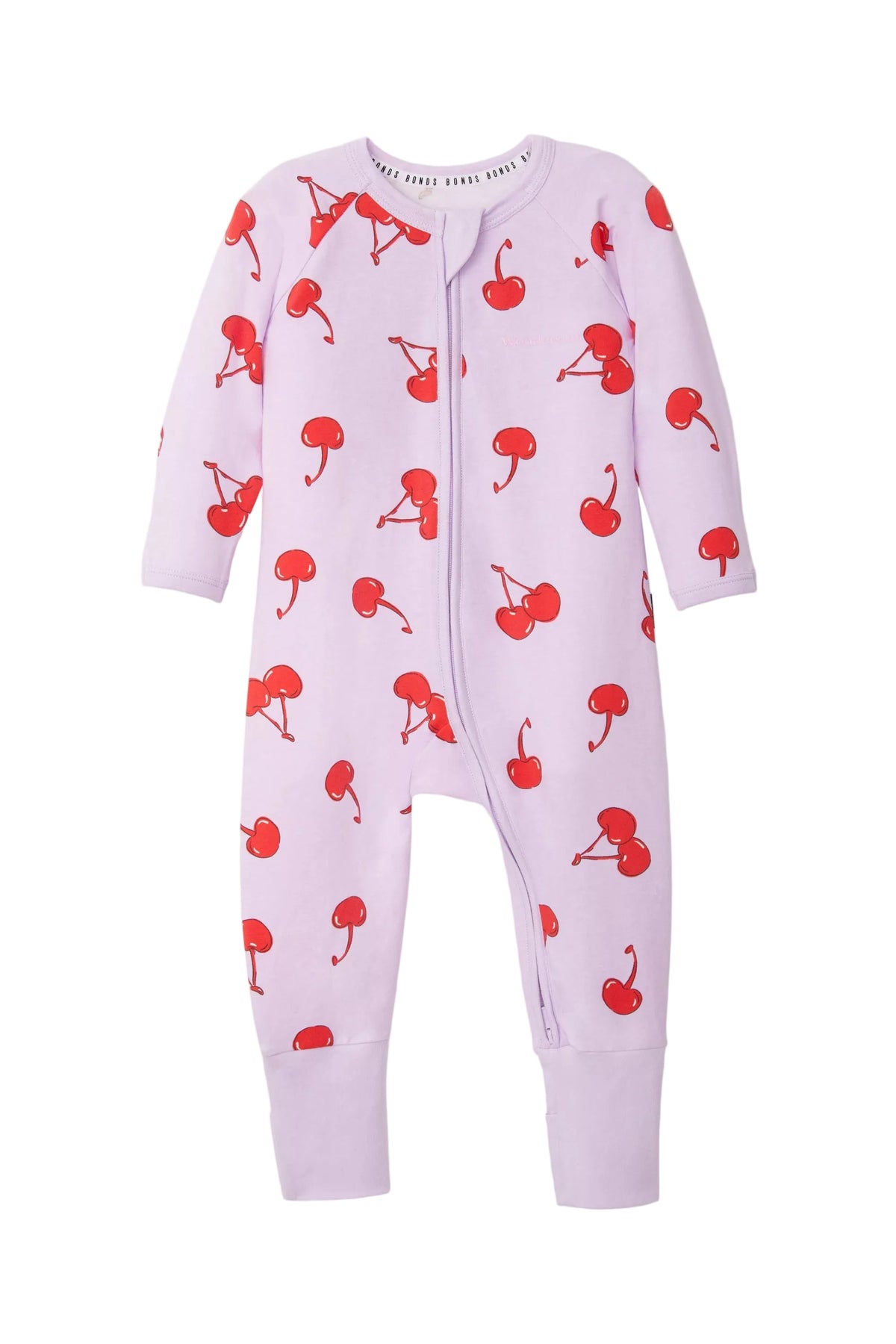 Bonds Zip Wondersuit baby sleepsuit in Cherry Picnic purple fruity print. Front view.