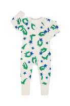 Bonds Zip Wondersuit baby sleepsuit in Croc Star green, blue and white animal print. Front view.