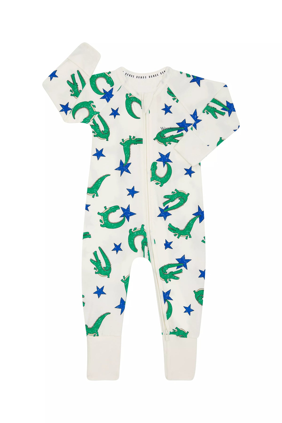 Bonds Zip Wondersuit baby sleepsuit in Croc Star green, blue and white animal print. Front view.