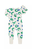 Bonds Zip Wondersuit baby sleepsuit in Croc Star green, blue and white animal print. Back view.