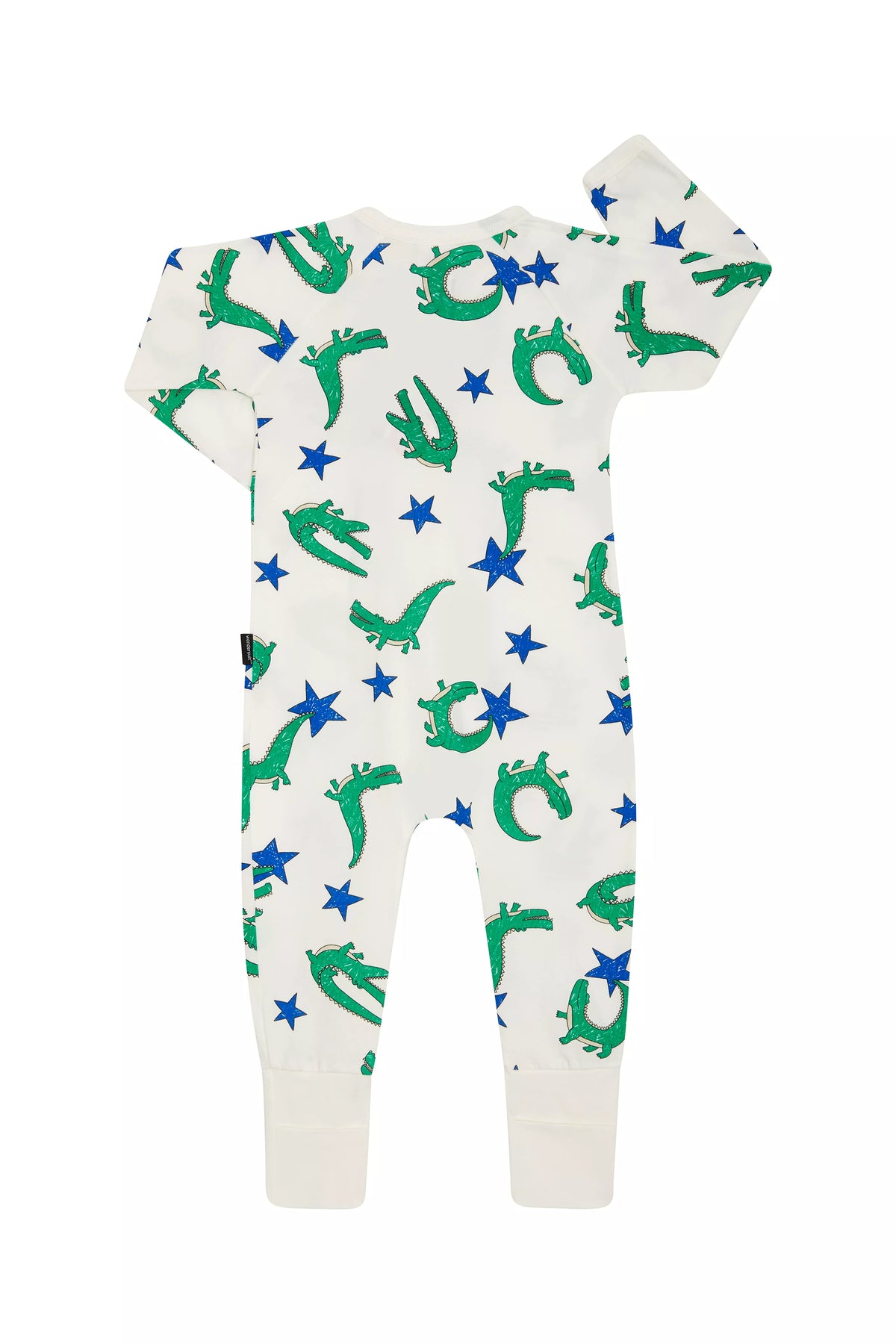 Bonds Zip Wondersuit baby sleepsuit in Croc Star green, blue and white animal print. Back view.