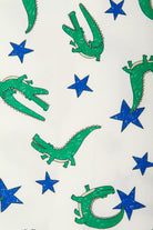 Bonds Zip Wondersuit baby sleepsuit in Croc Star green, blue and white animal print. Close up.