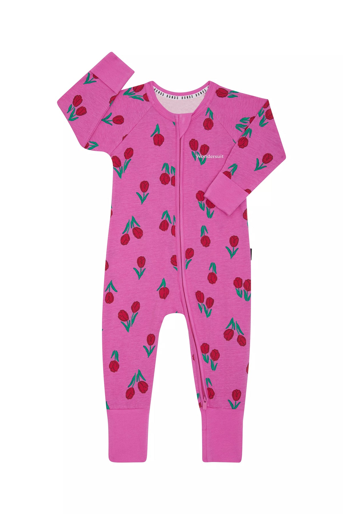 Bonds Zip Wondersuit baby sleepsuit in Petal Party pink floral print. Front view.