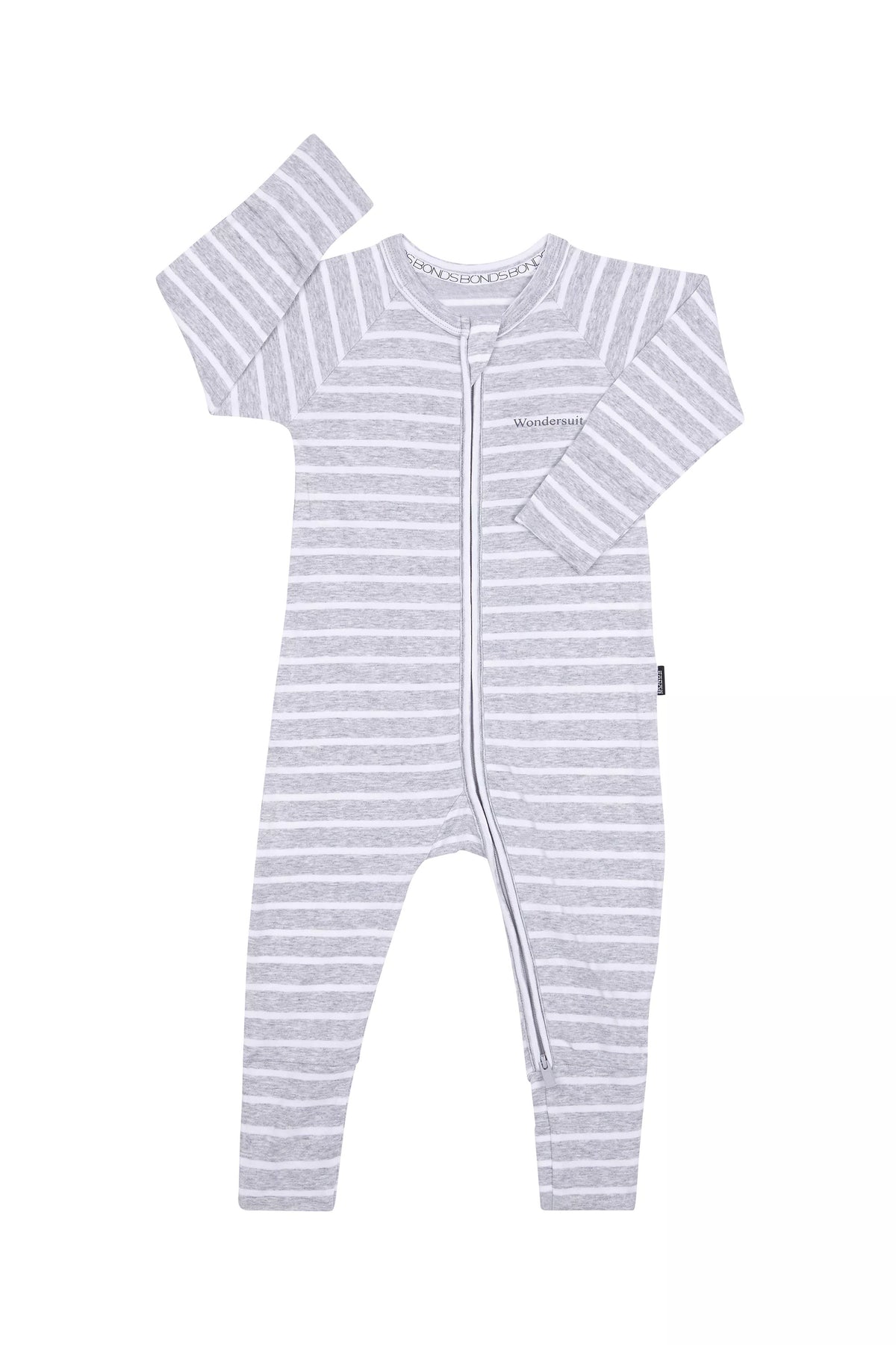 Bonds Zip Wondersuit baby sleepsuit in grey and white stripe. Front view.