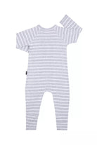 Bonds Zip Wondersuit baby sleepsuit in grey and white stripe. Back view.