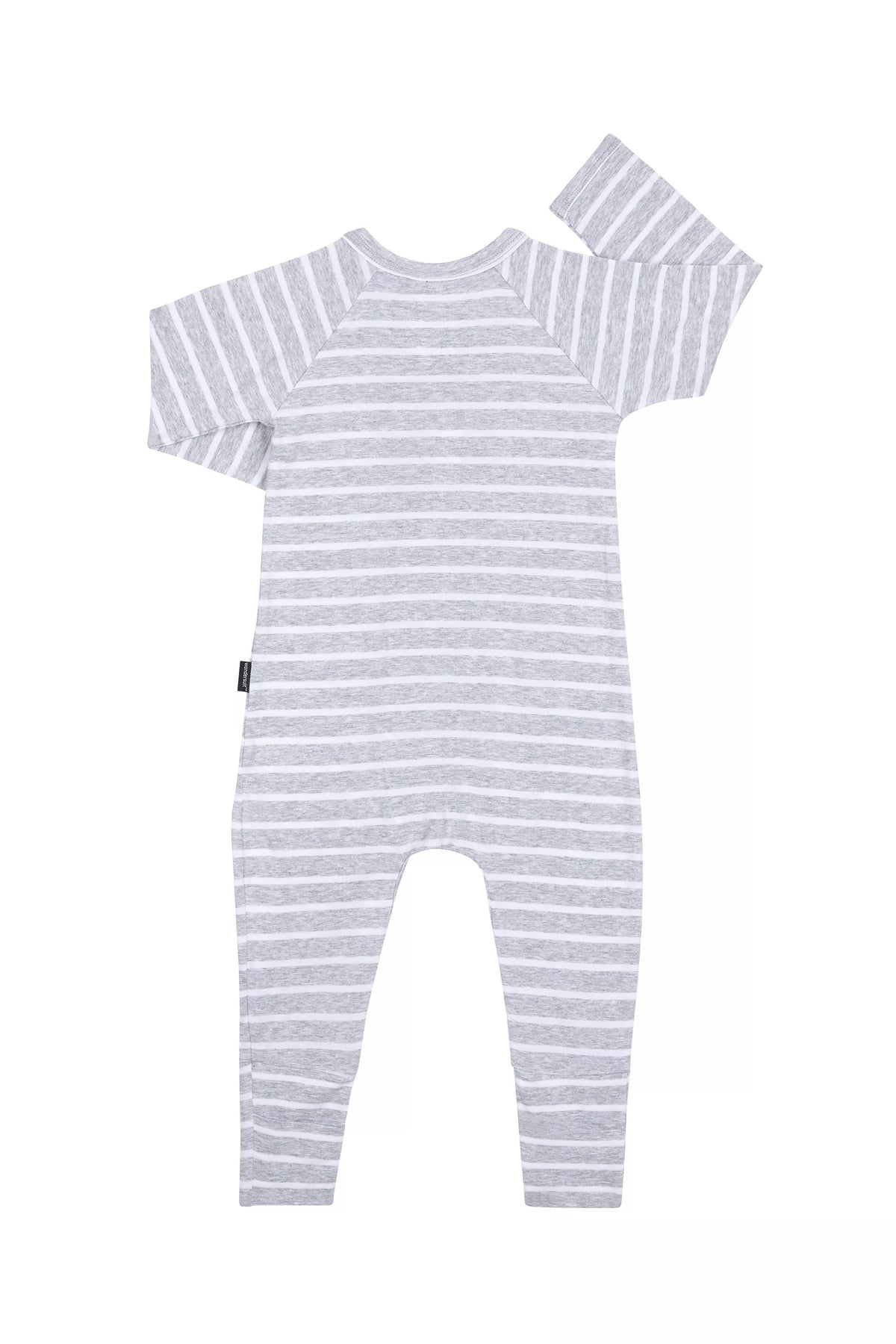 Bonds Zip Wondersuit baby sleepsuit in grey and white stripe. Back view.