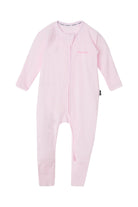 Bonds Zip Wondersuit baby sleepsuit in Ballet Pink and white stripe. Front view.