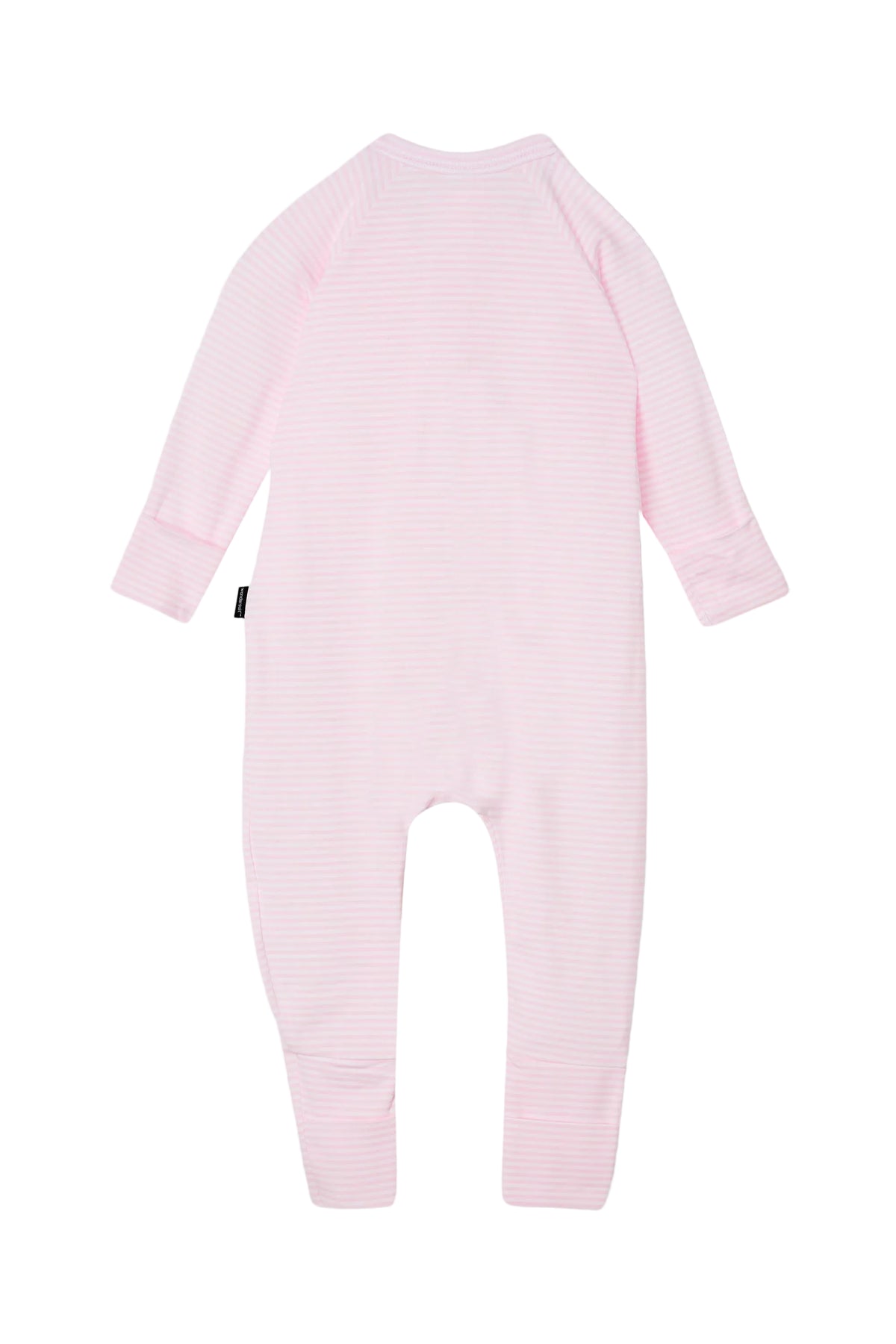 Bonds Zip Wondersuit baby sleepsuit in Ballet Pink and white stripe. Back view.