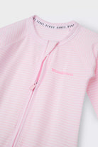 Bonds Zip Wondersuit baby sleepsuit in Ballet Pink and white stripe. Close up two-way zip.