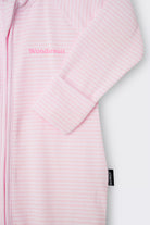 Bonds Zip Wondersuit baby sleepsuit in Ballet Pink and white stripe. Close up hand cuff.