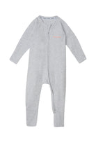 Bonds Zip Wondersuit baby sleepsuit in Luxe Storm Marle grey and white stripe. Front view.