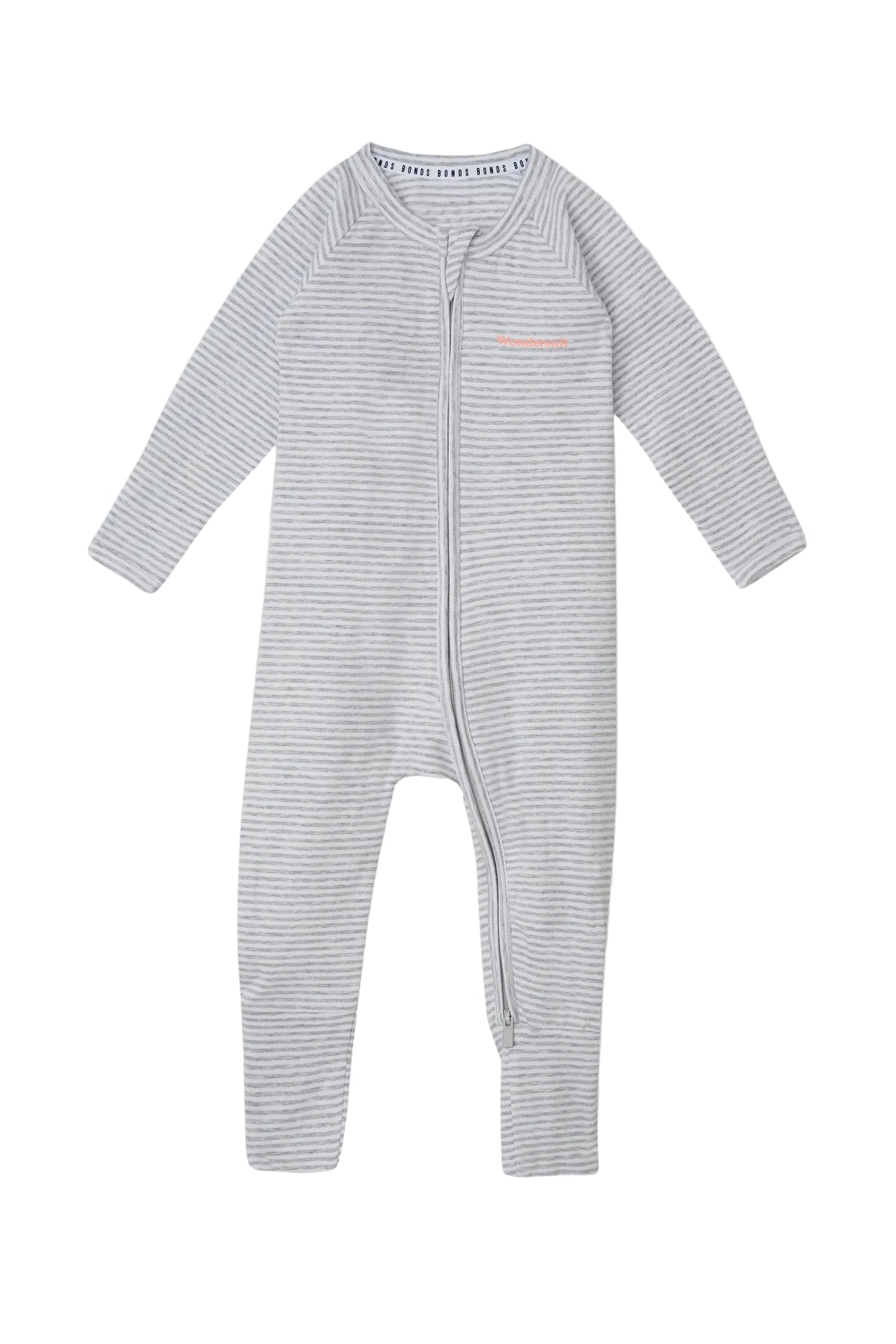 Bonds Zip Wondersuit baby sleepsuit in Luxe Storm Marle grey and white stripe. Front view.