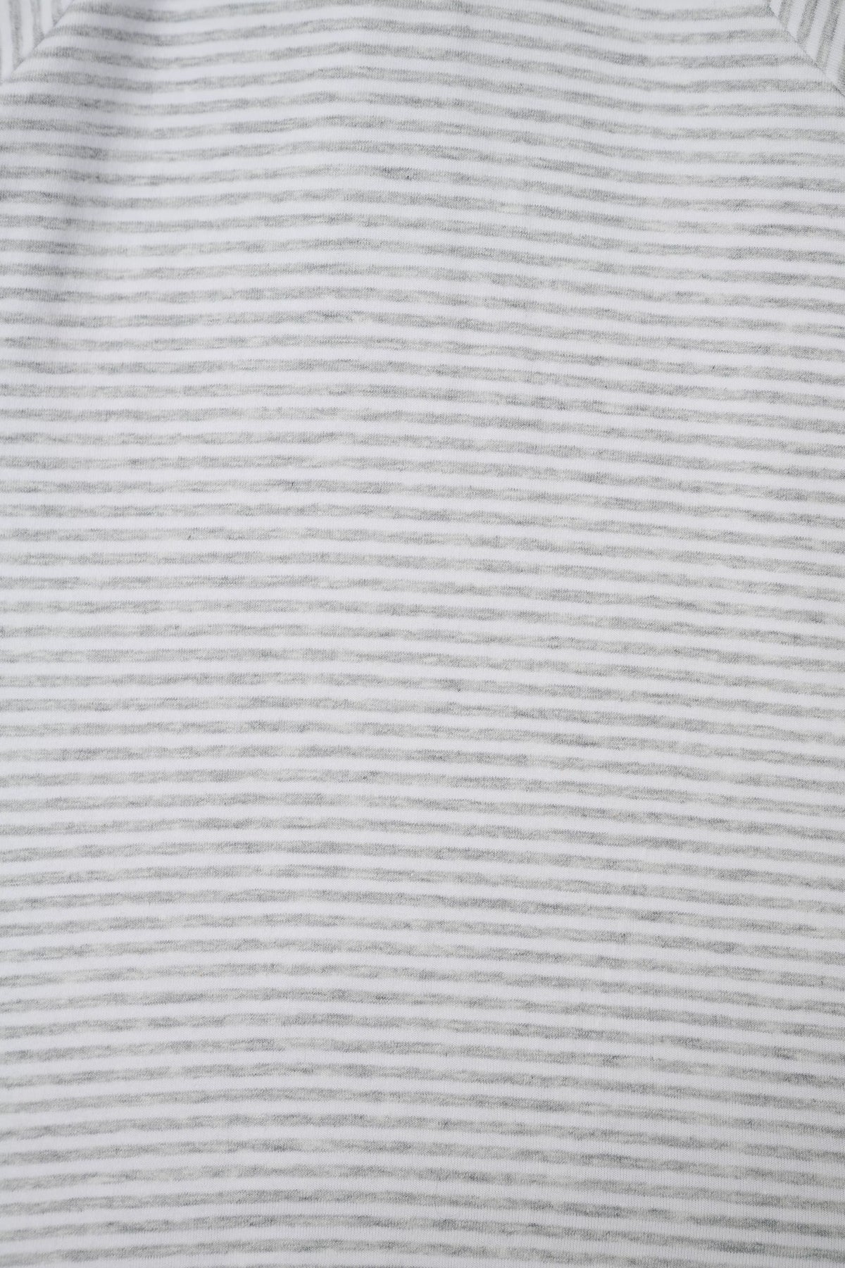 Bonds Zip Wondersuit baby sleepsuit in Luxe Storm Marle grey and white stripe. Close up.