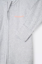 Bonds Zip Wondersuit baby sleepsuit in Luxe Storm Marle grey and white stripe. Close up hand cuff.