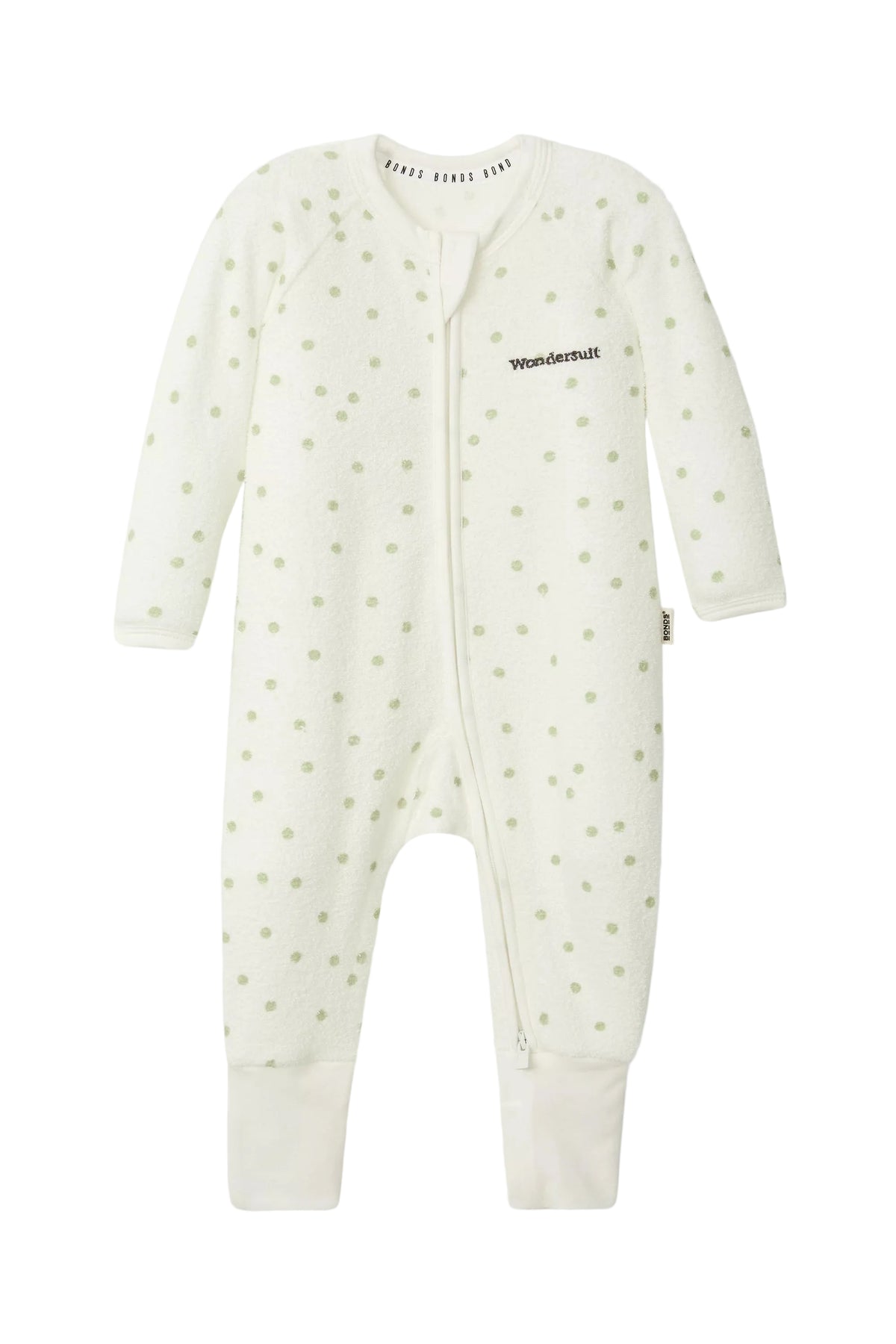 Bonds Poodlette Zip Wondersuit baby sleepsuit in Ditsy Dot Green polka dot print. Front view.