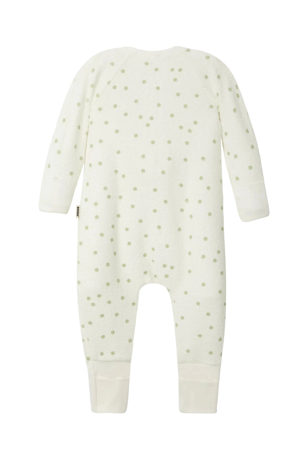 Bonds Poodlette Zip Wondersuit baby sleepsuit in Ditsy Dot Green polka dot print. Back view.