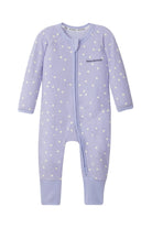Bonds Poodlette Zip Wondersuit baby sleepsuit in Ditsy Dot Purple polka dot print. Front view.