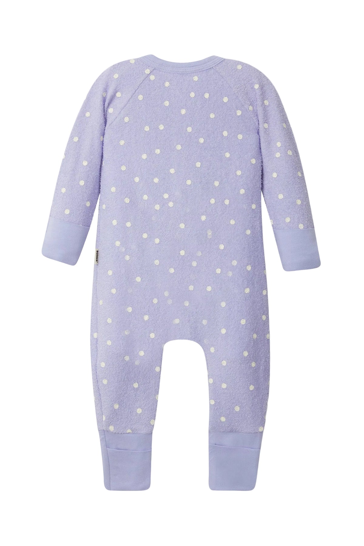 Bonds Poodlette Zip Wondersuit baby sleepsuit in Ditsy Dot Purple polka dot print. Back view.