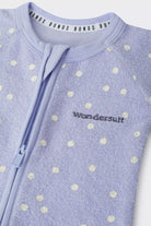 Bonds Poodlette Zip Wondersuit baby sleepsuit in Ditsy Dot Purple polka dot print. Close up Two-way zip.