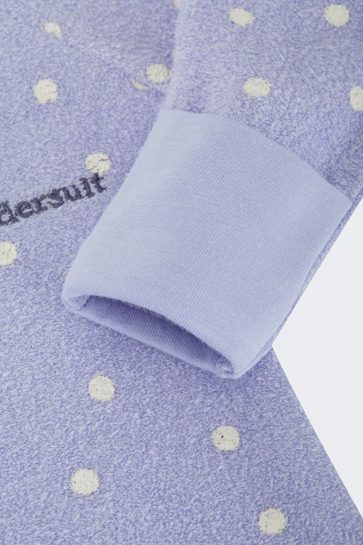 Bonds Poodlette Zip Wondersuit baby sleepsuit in Ditsy Dot Purple polka dot print. Close up hand cuff.
