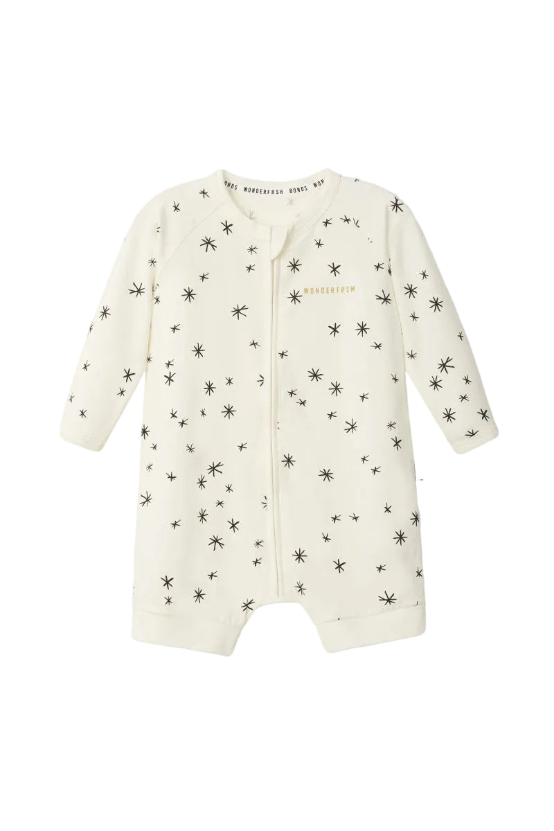 Bonds WonderFresh Short Leg Wondersuit baby onesie in Crayon Star cream print. Front view.