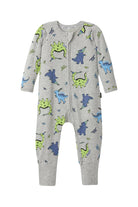 Bonds Zip Wondersuit baby sleepsuit in Dancing Dinos grey dinosaur print. Front view.