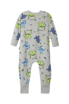 Bonds Zip Wondersuit baby sleepsuit in Dancing Dinos grey dinosaur print. Back view.