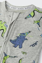 Bonds Zip Wondersuit baby sleepsuit in Dancing Dinos grey dinosaur print. Close up two-way zip.