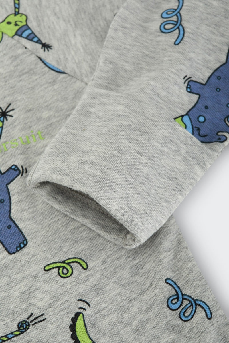 Bonds Zip Wondersuit baby sleepsuit in Dancing Dinos grey dinosaur print. Close up hand cuff.